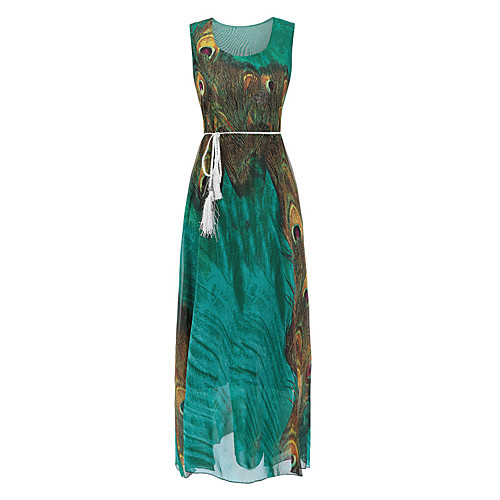 

Women's Chiffon Dress Maxi long Dress - Sleeveless Print Summer Boho Daily Holiday 2020 Blue Red Green S M L XL