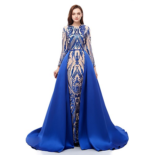 

Ball Gown Sparkle Blue Prom Formal Evening Dress Jewel Neck Long Sleeve Court Train Sequined with Overskirt Pattern / Print Appliques 2020