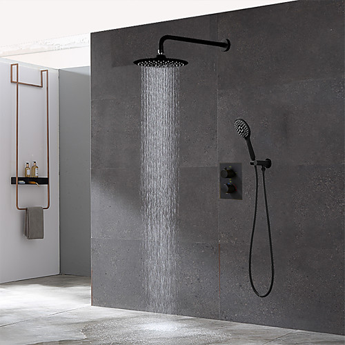 

Bathroom Concealed Black Thermostatic Shower Set 10 inch Rainfall Overhead and Hand-held Shower Room Faucet Kit
