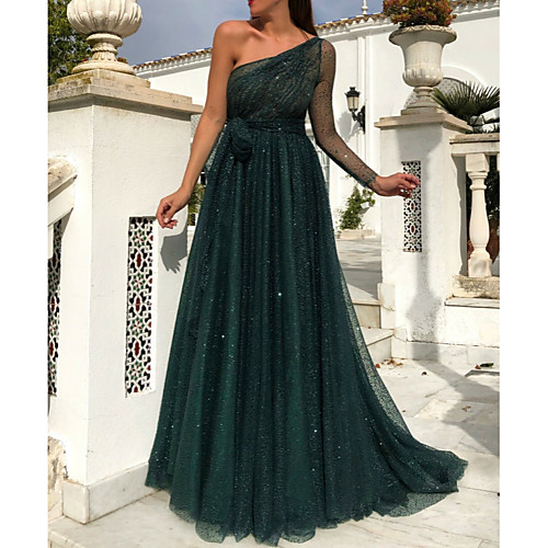 

A-Line Sparkle Prom Formal Evening Dress One Shoulder Sleeveless Sweep / Brush Train Tulle with Sequin 2021