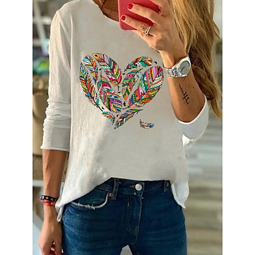 

Women's T shirt Heart Floral Flower Long Sleeve Round Neck Tops Basic Top White Blue Blushing Pink