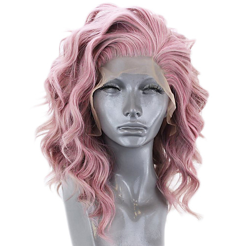 

Synthetic Lace Front Wig Wavy Side Part Lace Front Wig Short Pink Synthetic Hair 12-16 inch Women's Adjustable Heat Resistant Party Pink