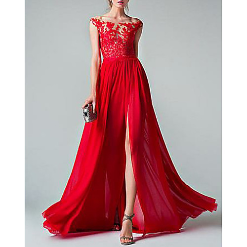 

A-Line Empire Prom Formal Evening Dress Illusion Neck Sleeveless Sweep / Brush Train Chiffon with Appliques Split Front 2021
