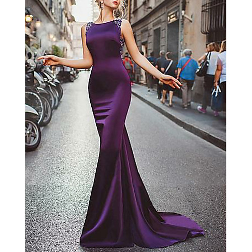 

Mermaid / Trumpet Elegant Formal Evening Dress Jewel Neck Sleeveless Sweep / Brush Train Satin with Beading 2021