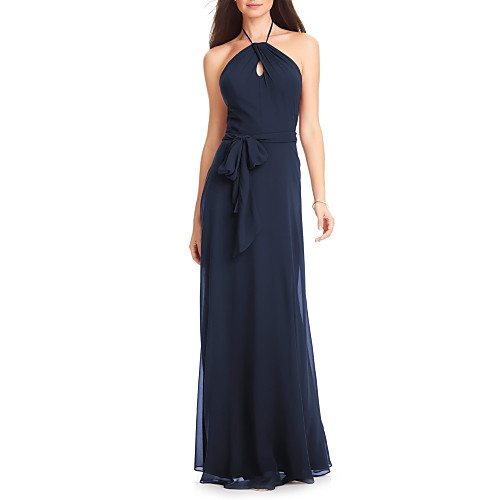 

A-Line Halter Neck Floor Length Chiffon Bridesmaid Dress with Sash / Ribbon