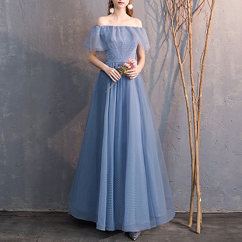 

A-Line Off Shoulder Floor Length Tulle Bridesmaid Dress with