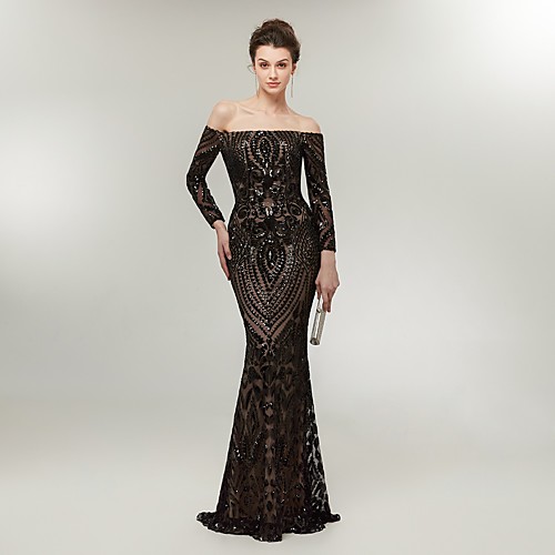 

Mermaid / Trumpet Sexy Sparkle & Shine Formal Evening Dress Off Shoulder Long Sleeve Sweep / Brush Train Polyester with Sequin 2021