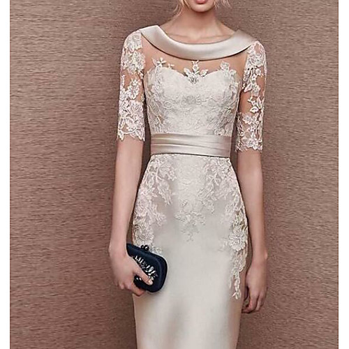 

Sheath / Column Mother of the Bride Dress Elegant Plus Size Scoop Neck Knee Length Satin Short Sleeve with Appliques 2020