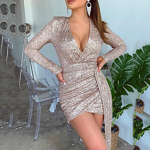 

Women's Mini Bodycon Dress - Long Sleeve Solid Colored Deep V Party Slim White Gold S M L XL XXL