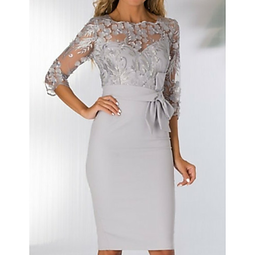 

Sheath / Column Mother of the Bride Dress Elegant See Through Bateau Neck Knee Length Polyester 3/4 Length Sleeve with Bow(s) Appliques Split Front 2020