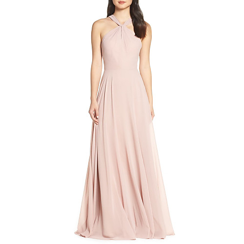 

A-Line Halter Neck Floor Length Chiffon Bridesmaid Dress with Ruching