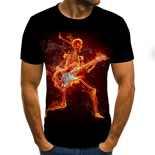

Men's T shirt 3D Skull Flame Plus Size Patchwork Print Short Sleeve Daily Tops Basic Streetwear Black