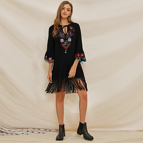 

Women's Shift Dress Black Half Sleeve Black Solid Colored Embroidered Tassel Fringe Patchwork V Neck Boho Cotton S M
