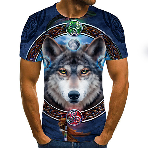 

Men's Color Block 3D Wolf Print T-shirt Street chic Punk & Gothic Daily Going out Round Neck Rainbow / Short Sleeve / Animal