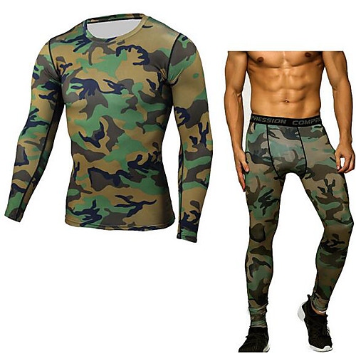 

Men's Running Base Layer 1 Pair Winter Crew Neck Fitness Gym Workout Exercise Thermal / Warm Breathable Quick Dry Sportswear Camo / Camouflage Compression Clothing Leggings Clothing Suit Long Sleeve