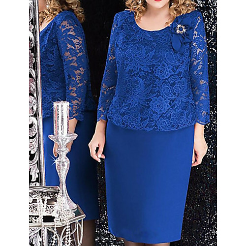 

Sheath / Column Mother of the Bride Dress Plus Size Elegant Scoop Neck Knee Length Chiffon Long Sleeve with Beading 2021