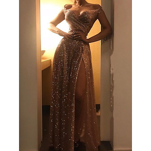 

Women's Maxi A Line Dress - Sleeveless Solid Colored Split Off Shoulder Elegant Party Gold S M L XL