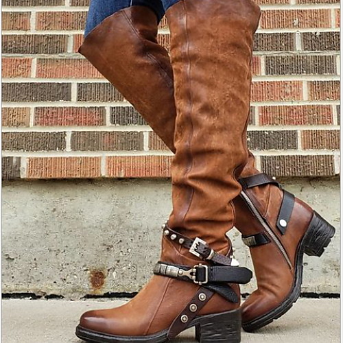 

Women's Boots Comfort Shoes Chunky Heel Round Toe PU Mid-Calf Boots Fall & Winter Black / Brown / Wine