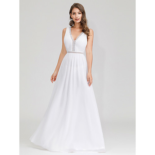

A-Line Elegant Formal Evening Dress V Neck Sleeveless Floor Length Polyester with 2021
