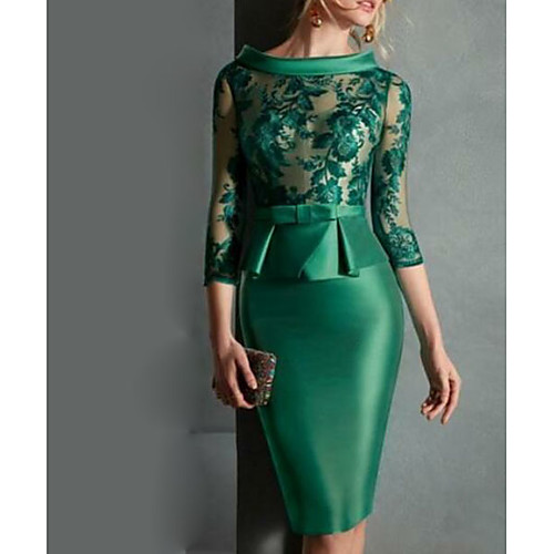 

Sheath / Column Peplum Green Wedding Guest Cocktail Party Dress Jewel Neck 3/4 Length Sleeve Knee Length Satin with Buttons Appliques 2020