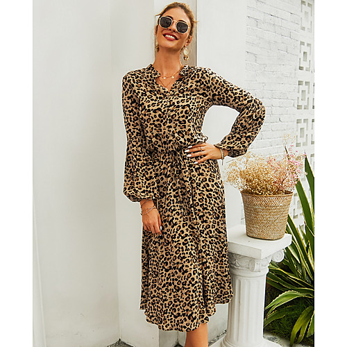 

Women's A Line Dress Light Brown Long Sleeve Leopard V Neck Basic Hot S M L XL