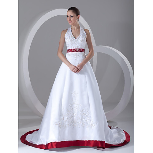 

A-Line Wedding Dresses Halter Neck Chapel Train Satin Regular Straps with Sashes / Ribbons Beading Embroidery 2021