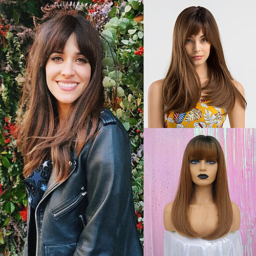 

Synthetic Wig Bangs Straight kinky Straight Side Part Neat Bang With Bangs Wig Ombre Long Black / Brown Synthetic Hair 20 inch Women's Cosplay Women Synthetic Brown Ombre HAIR CUBE / Ombre Hair