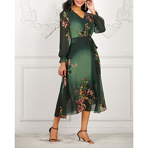 

Women's A Line Dress - Long Sleeve Floral Print V Neck Vintage Wine Blue Green M L XL XXL XXXL
