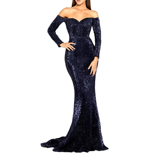 

Mermaid / Trumpet Sparkle & Shine Formal Evening Dress Off Shoulder Long Sleeve Sweep / Brush Train Sequined with Sequin 2021