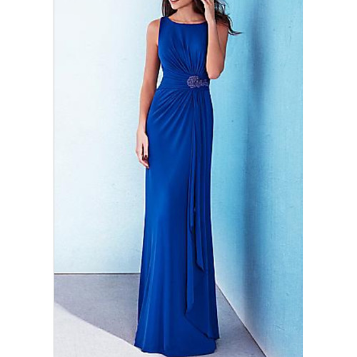 

Sheath / Column Minimalist Wedding Guest Formal Evening Dress Jewel Neck Sleeveless Floor Length Stretch Satin with Draping Appliques 2021