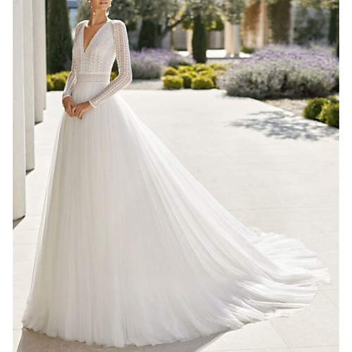 

A-Line Wedding Dresses V Neck Court Train Lace Tulle Long Sleeve Simple Backless Illusion Sleeve with Lace Insert 2021