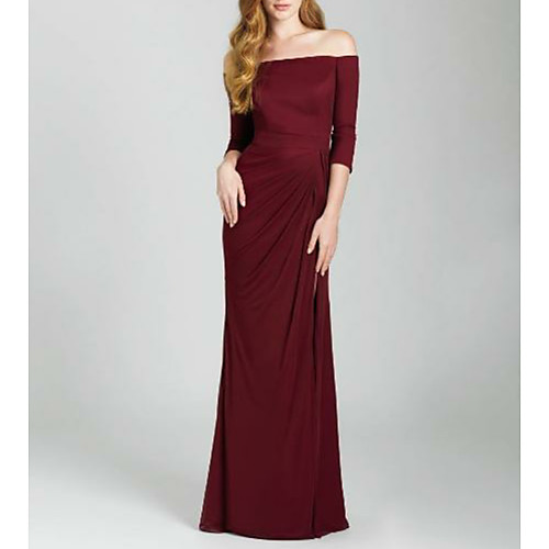 

Sheath / Column Off Shoulder Floor Length Satin Bridesmaid Dress with Ruching