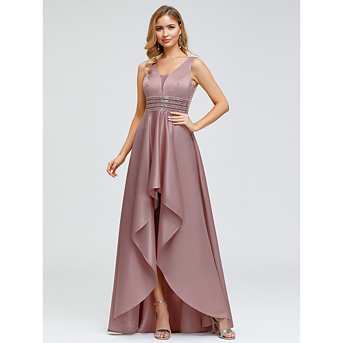 

A-Line Elegant Wedding Guest Cocktail Party Dress V Neck Sleeveless Asymmetrical Polyester with Crystals Beading 2021