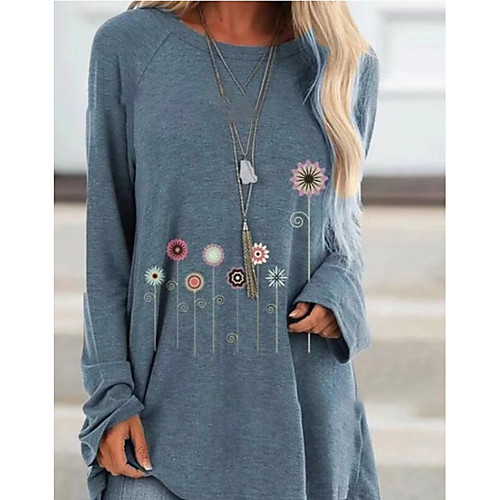 

Women's T shirt Floral Flower Animal Long Sleeve Round Neck Tops Basic Top White Black Blue