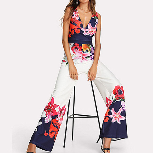 

Women's Floral Kentucky Derby Daily Elegant Deep V White Wide Leg Jumpsuit Onesie, Floral S M L