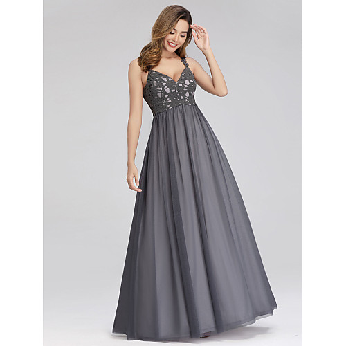 

A-Line Vintage Inspired Prom Dress Spaghetti Strap Sleeveless Floor Length Lace Tulle with Lace Insert 2021