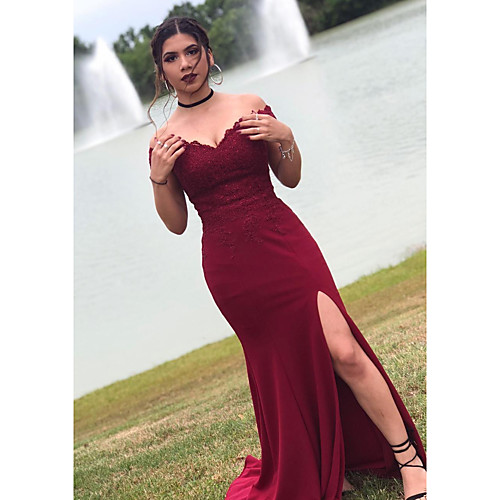 

Mermaid / Trumpet Elegant Engagement Formal Evening Dress Off Shoulder Short Sleeve Sweep / Brush Train Lace Jersey with Appliques Split Front 2021