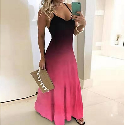 

Women's Maxi Swing Dress - Sleeveless Color Block Strap Black Blue Purple S M L XL XXL XXXL XXXXL XXXXXL