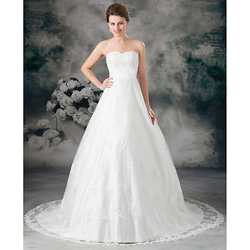 

A-Line Wedding Dresses Sweetheart Neckline Court Train Lace Satin Strapless with Sashes / Ribbons Bow(s) Lace Insert 2021