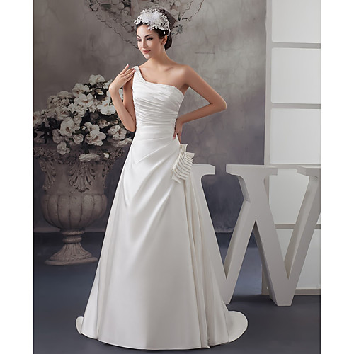 

A-Line Wedding Dresses One Shoulder Sweep / Brush Train Satin Spaghetti Strap with Ruched Beading Side-Draped 2021