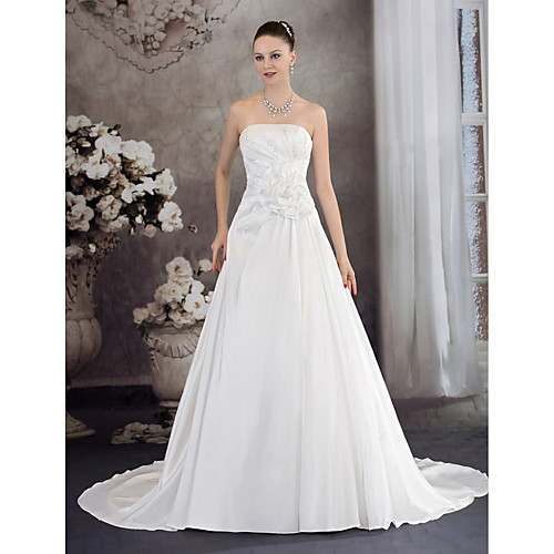 

A-Line Wedding Dresses Strapless Chapel Train Taffeta Strapless with Ruched Beading Draping 2021