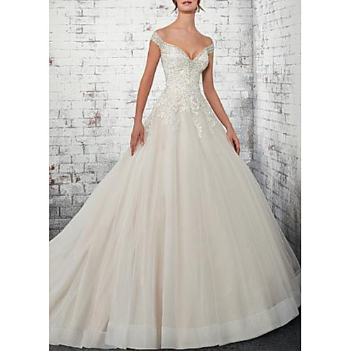

A-Line Wedding Dresses Off Shoulder Court Train Lace Tulle Cap Sleeve with Lace Insert 2021