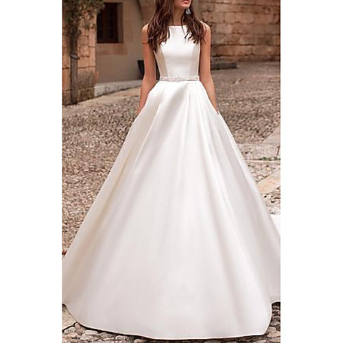 

A-Line Wedding Dresses Jewel Neck Court Train Satin Regular Straps with Beading Lace Insert 2021