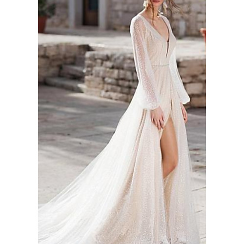 

A-Line Wedding Dresses V Neck Sweep / Brush Train Tulle Long Sleeve Illusion Sleeve with Sashes / Ribbons Split Front 2021