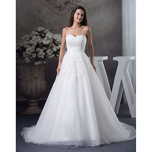

A-Line Wedding Dresses Sweetheart Neckline Court Train Lace Tulle Strapless with Beading Appliques 2021