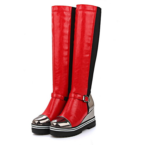 

Women's Boots Wedge Heel Round Toe Knee High Boots Daily PU Color Block Black Red Gold