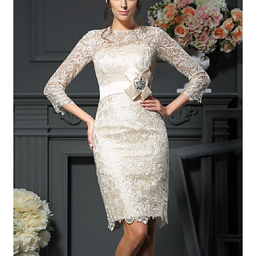 

Sheath / Column Mother of the Bride Dress Plus Size Jewel Neck Knee Length Lace Satin 3/4 Length Sleeve with Sash / Ribbon Crystal Brooch 2021