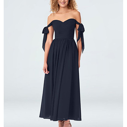 

A-Line Elegant Prom Formal Evening Dress Off Shoulder Short Sleeve Ankle Length Chiffon with Bow(s) Pleats Ruched 2021