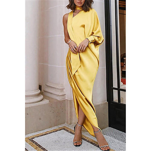 

Women's Asymmetrical Swing Dress - Long Sleeve Solid Colored Ruffle Ruched Split Spring Fall One Shoulder Sexy Cocktail Party Prom Puff Sleeve Slim Kentucky Derby Wine Yellow Orange S M L XL