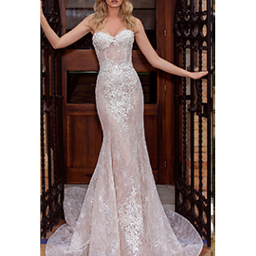 

Mermaid / Trumpet Wedding Dresses Strapless Court Train Lace Strapless with Draping Appliques 2020